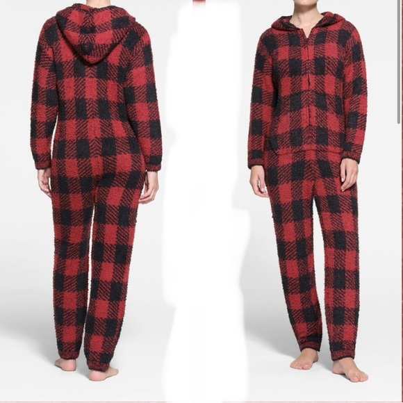 SKIMS Other - NEW Skims Cozy Unisex Onesie Fleece Hooded Black area Buffalo Check Plaid *T